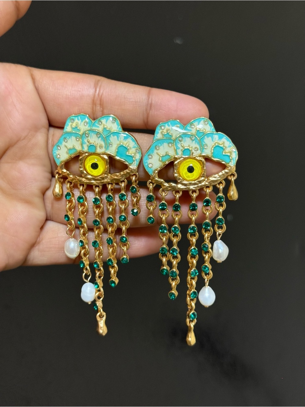 Schiaparelli Inspired Gold-Tone Turquoise Eye Drop Earrings - Picture 3 of 6